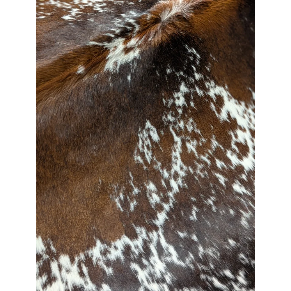 Beautiful large cowhide rug in brown and white speckles, 88.5x76.5 inches