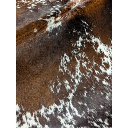 Beautiful large cowhide rug in brown and white speckles, 88.5x76.5 inches