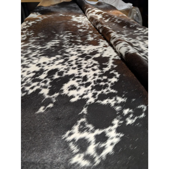 Beautiful large cowhide rug with black and white spots, 88.5 x 76.5 inches
