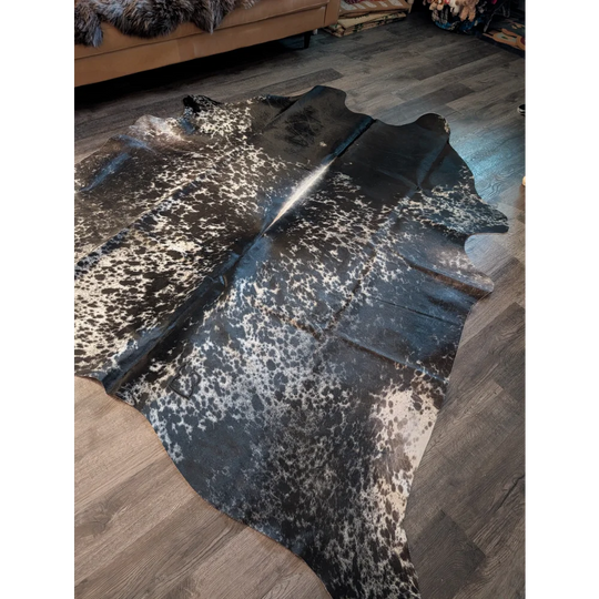 Extra large cowhide rug salt pepper tricolour with black and white spots and natural irregular edge perfect for beautiful rugs