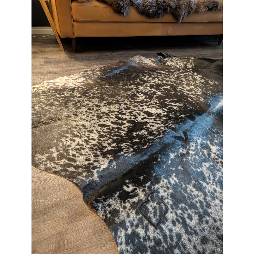 Extra large salt and pepper tricolour cowhide rug with black white spots and blue gradient accent beautiful rugs
