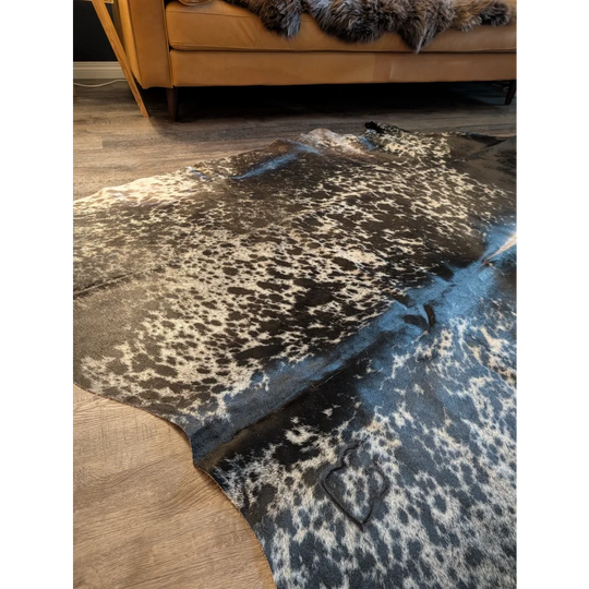 Extra large salt and pepper tricolour cowhide rug with black white spots and blue gradient accent beautiful rugs