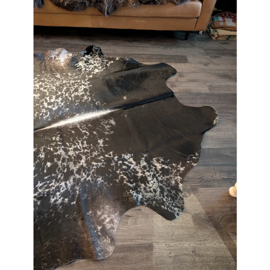 Large black and white speckled cowhide rug salt and pepper tricolour 94.5 x 80 with a glossy finish beautiful rugs