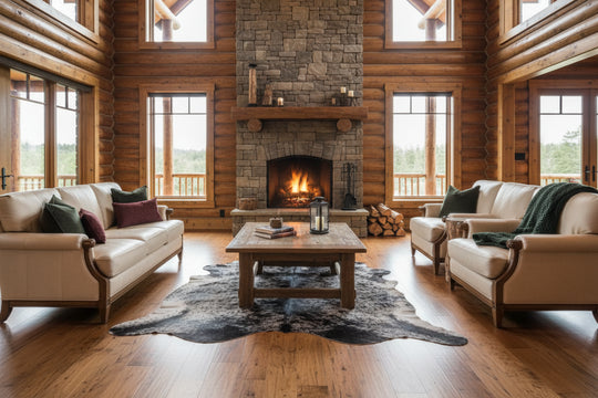 Large cowhide rug with black and white speckled pattern, soft underfoot