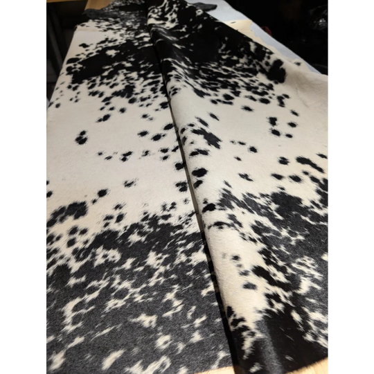 Extra large cowhide rug SaltPepBLK #530 with black white spots, leather tanning texture, 90x83.5in