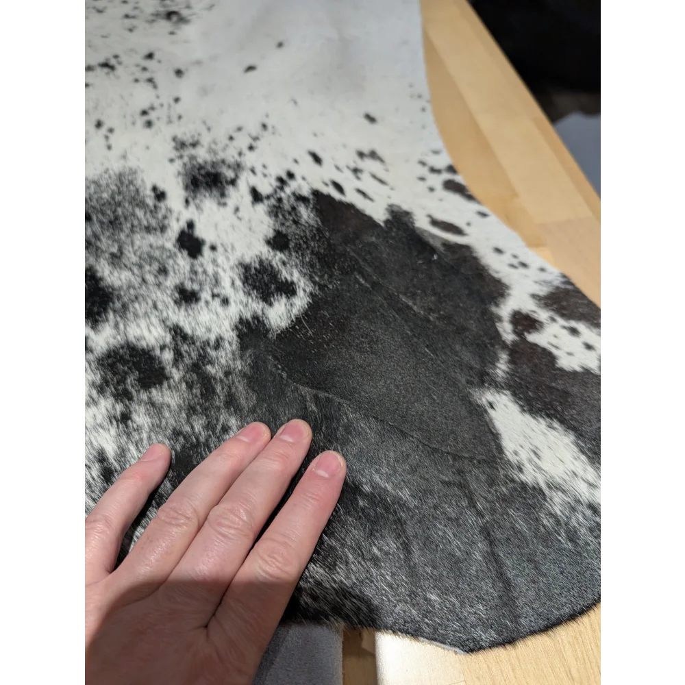 Extra large SaltPepBLK #70 cowhide rug with black and white spots, soft underfoot