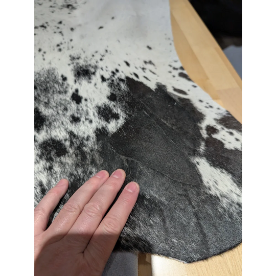 Extra large SaltPepBLK #70 cowhide rug with black and white spots, soft underfoot