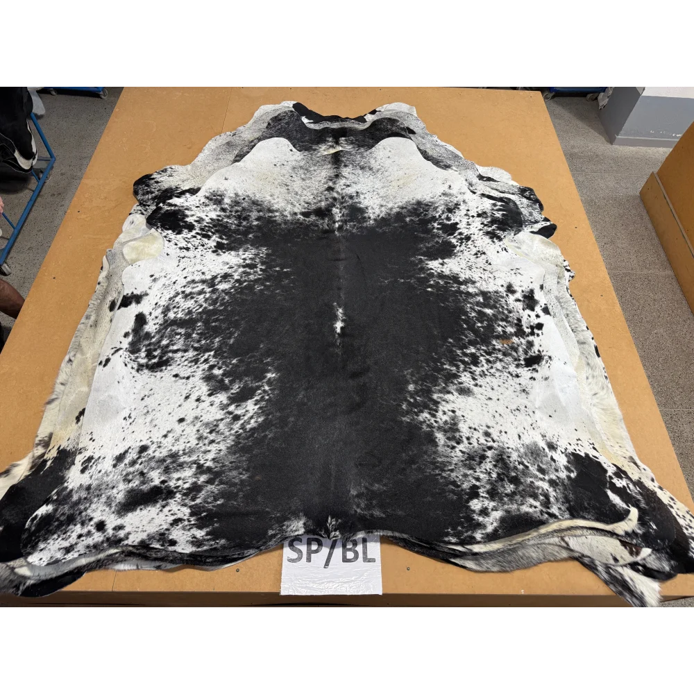 Extra large cowhide rug SaltPepBLK #70 with black and white spots, soft underfoot