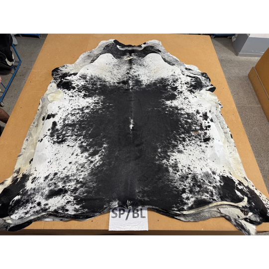 Extra large cowhide rug SaltPepBLK #70 with black and white spots, soft underfoot