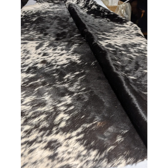 Extra large black and white speckled cowhide rug, 94x88 inches, durable leather texture