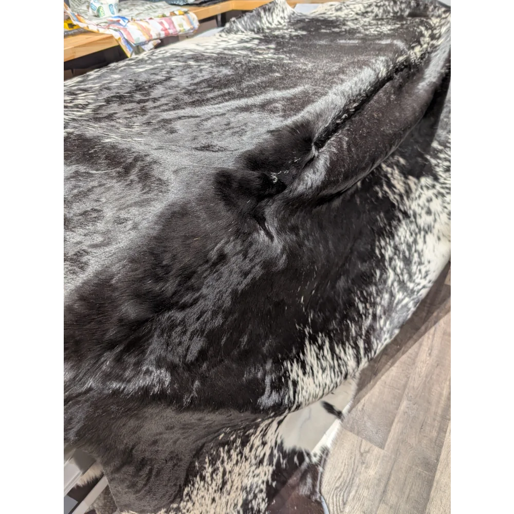Extra large black and white speckled cowhide rug, 94x88 inches