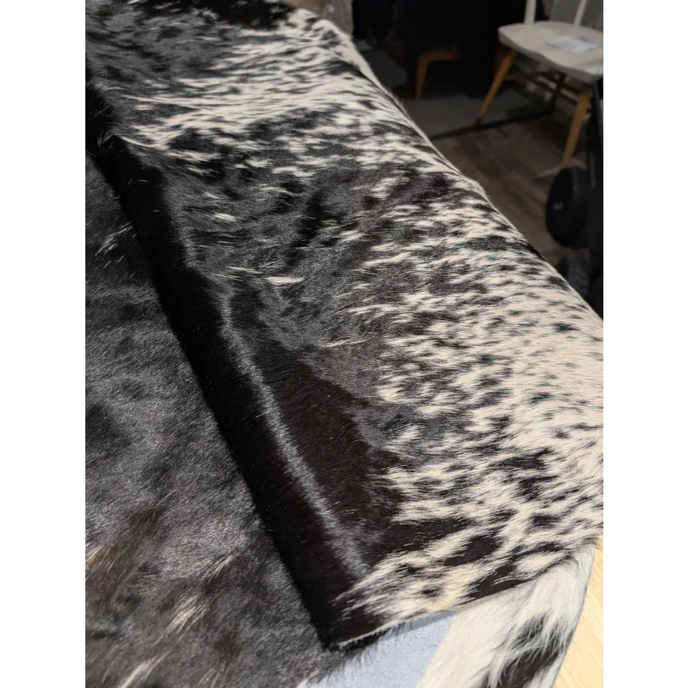 Extra large cowhide rug, black white fur, leather texture, durable for foot traffic
