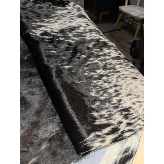 Extra large cowhide rug, black white fur, leather texture, durable for foot traffic