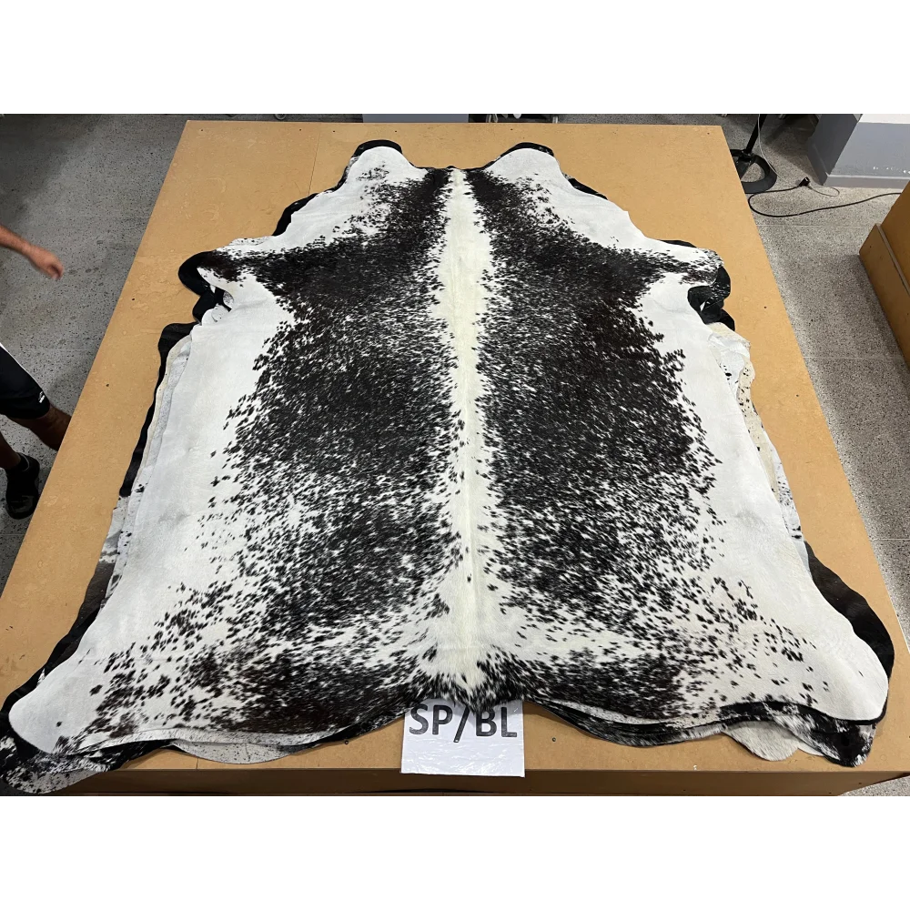 Gorgeous extra large cowhide rug with black white spots leather texture