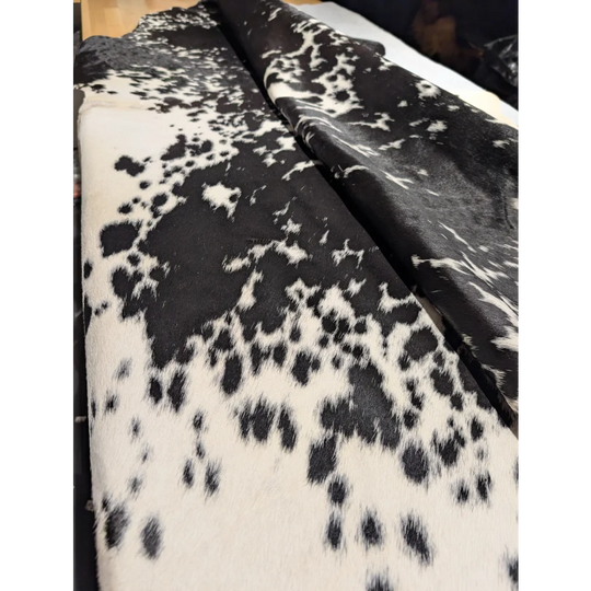 Extra large cowhide blanket with black and white spots, leather texture