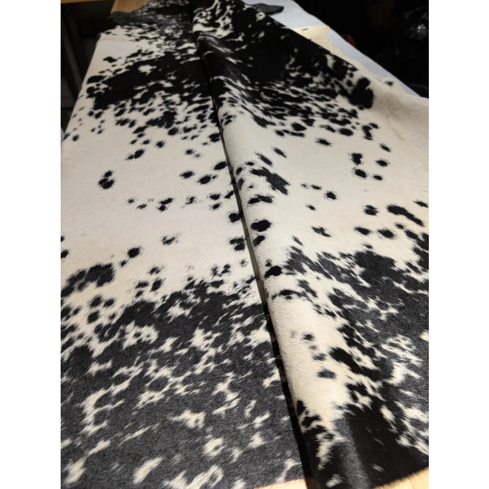 Extra large 90x83.5 cowhide rug with black white spots and leather texture