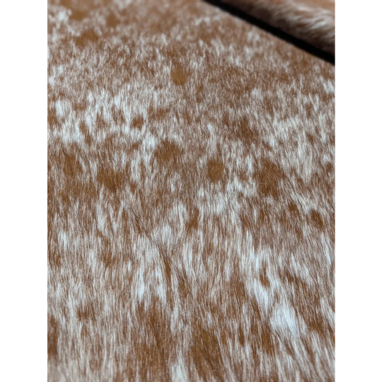 Extra large cowhide rug with brown and white speckled texture, unmistakable aura