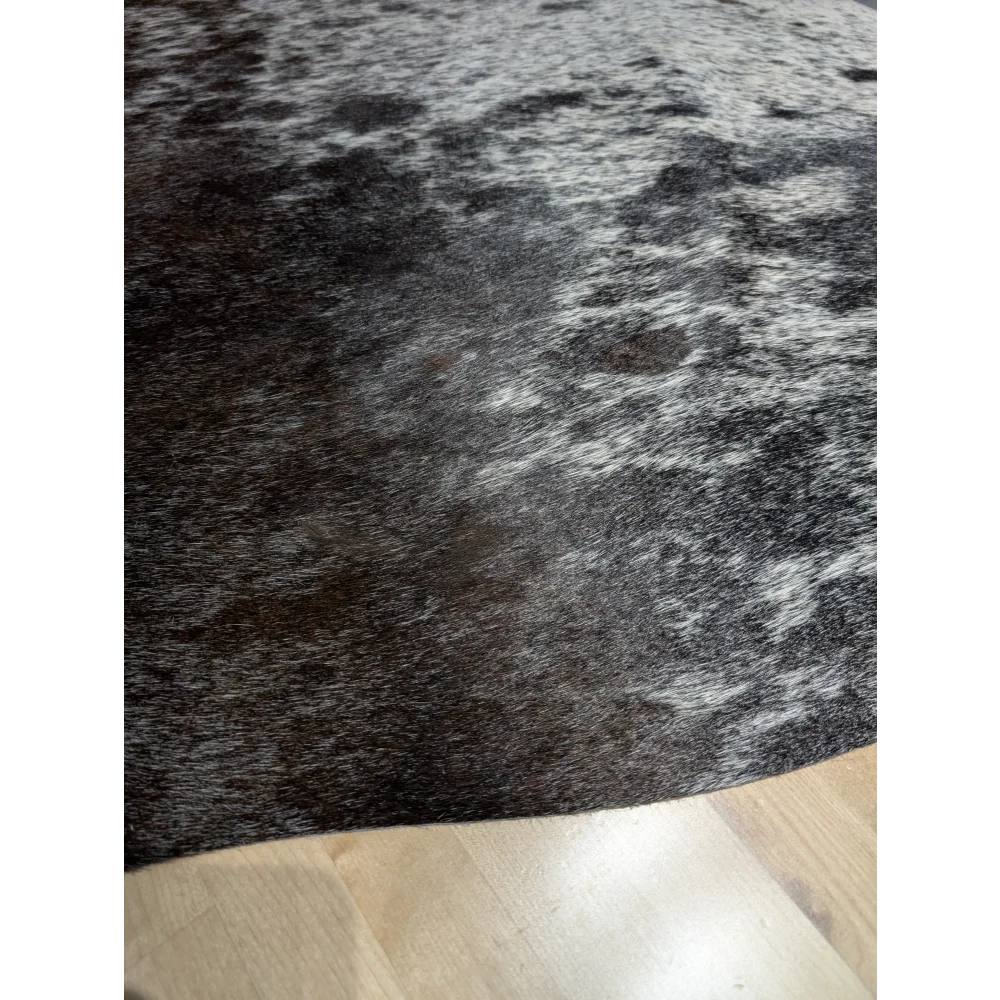 Extra large Angus Oliver cowhide rug, black gray speckled textured synthetic 94x84