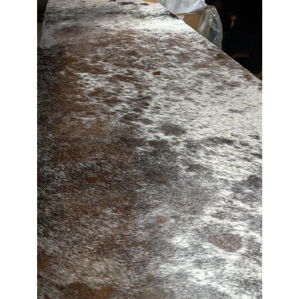 Extra large Angus Oliver brown and white cowhide rug, 94x84 inches