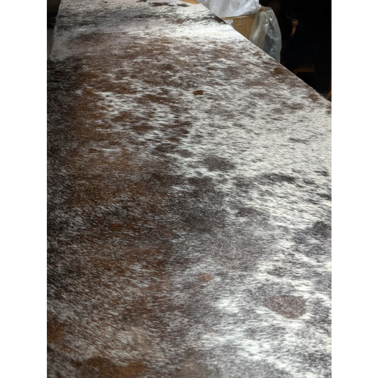 Extra large Angus Oliver brown and white cowhide rug, 94x84 inches