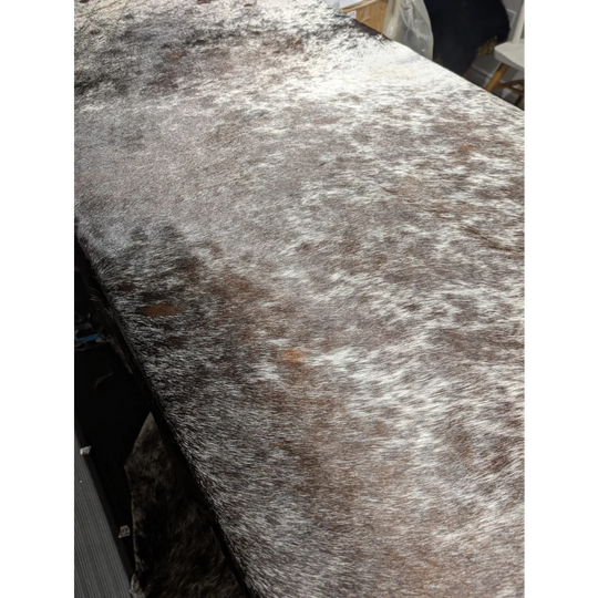 Extra large Angus Oliver cowhide rug with gray white speckled plush carpet runner texture, 94 x 84