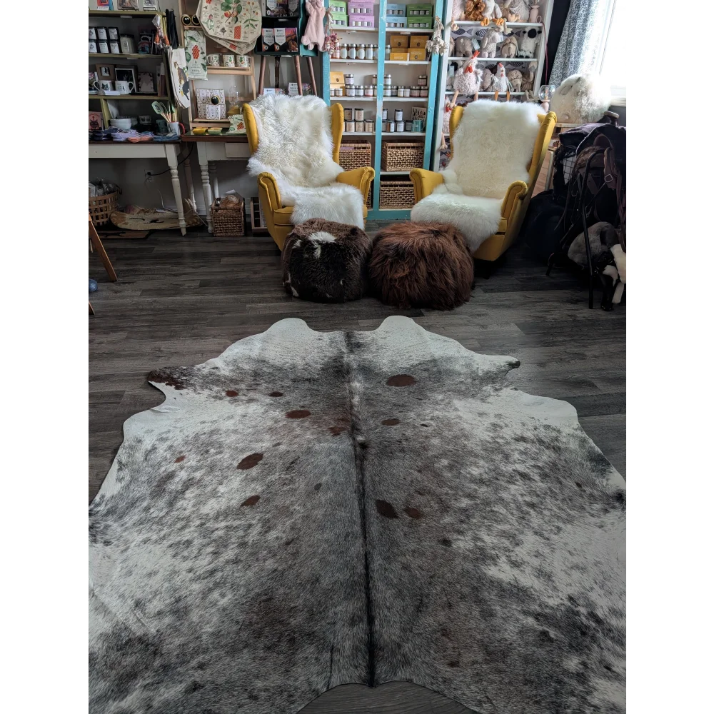 Extra large cowhide rug saltpepbrn#141 with white dark gray and brown spots natural full-sized large cowhide