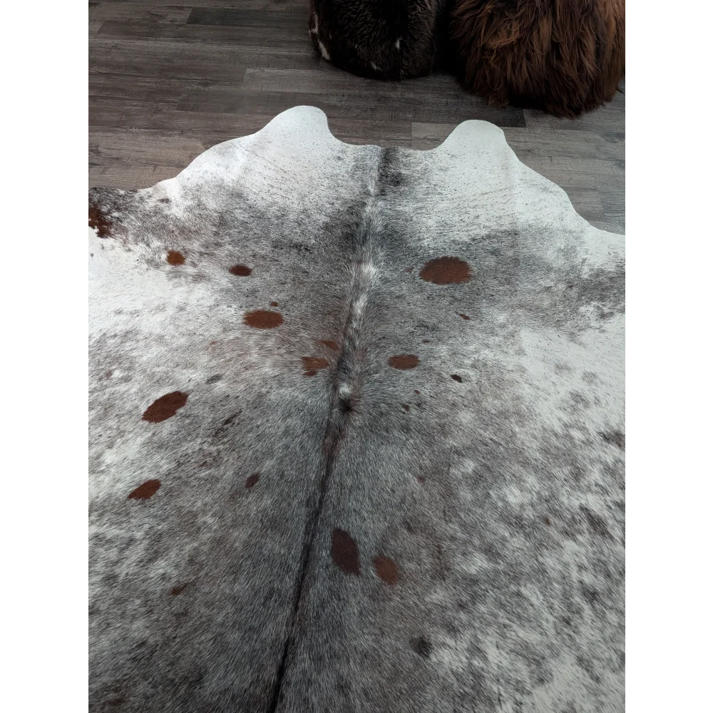 Extra large gray and white cowhide rug with brown spots saltpepbrn