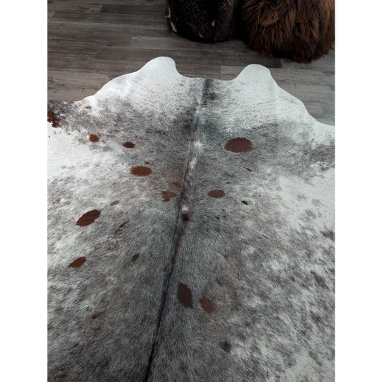 Extra large gray and white cowhide rug with brown spots saltpepbrn