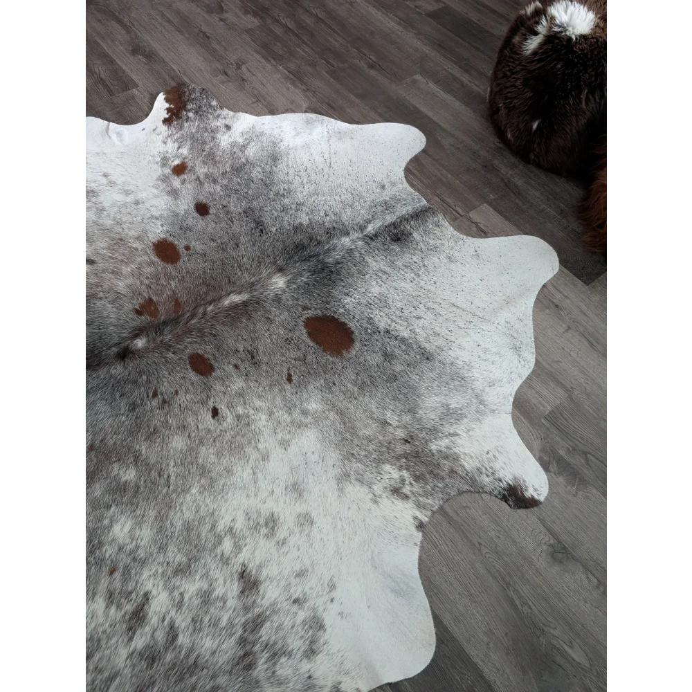 A soft natural white and gray extra large cowhide rug with brown spots and textured surface saltpepbrn141