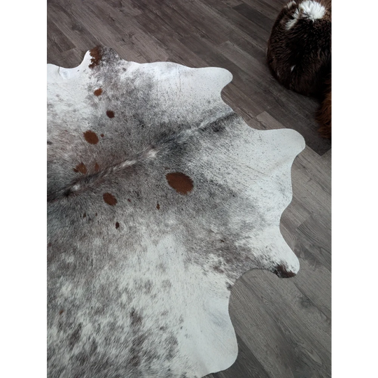 A soft natural white and gray extra large cowhide rug with brown spots and textured surface saltpepbrn141
