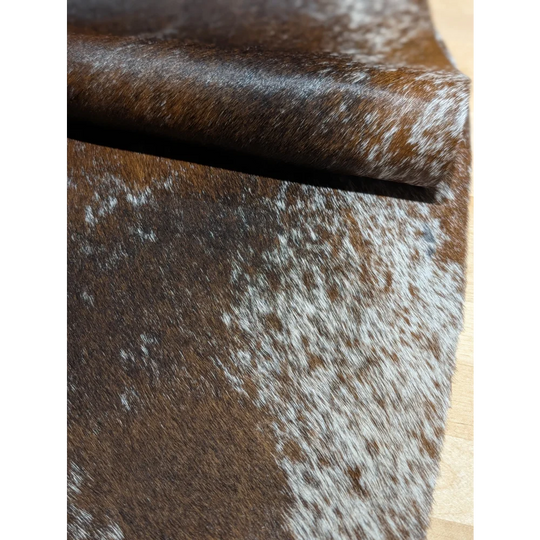 Extra large cowhide rug SaltPepBRN #149 with brown white spots, 88x79 inches