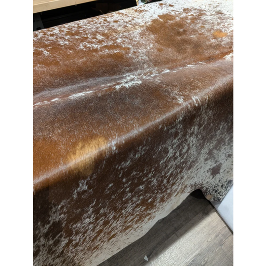 Extra large cowhide rug SaltPepBRN #149 with brown white speckled leather couch pattern
