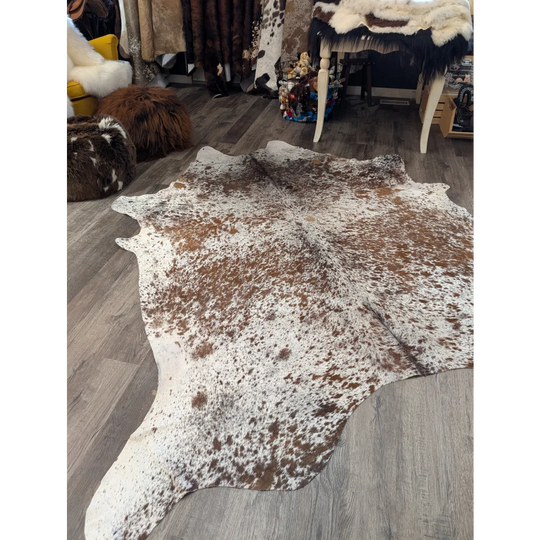 Large brown and white spotted extra large cowhide rug saltpepbbrn31 measuring 98 by 86 inches
