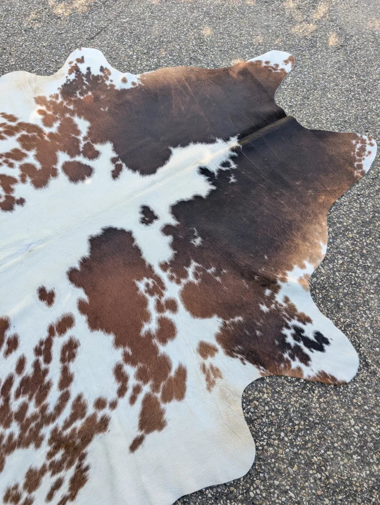 Brown and white large cowhide rug saltpepbrn358 with rustic charm and natural patches by angus oliver arriving soon