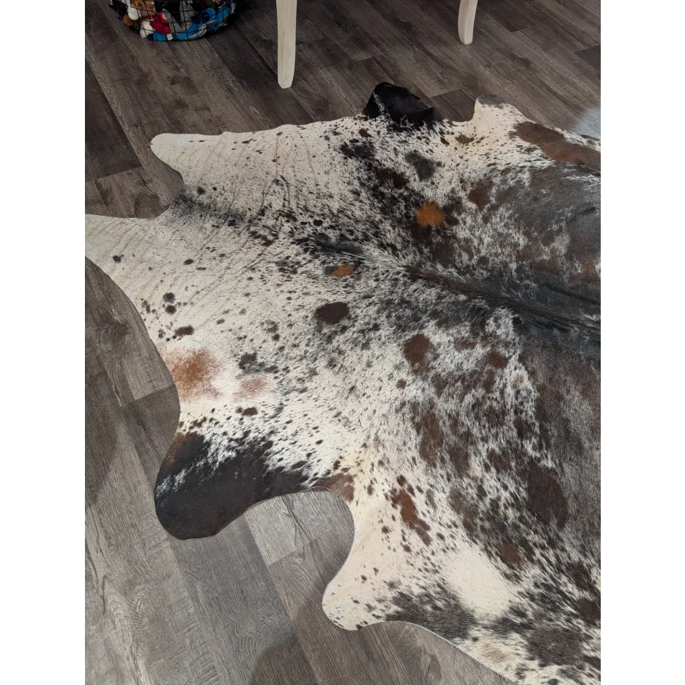SaltPepBRN38 96 x 83 extra large cowhide rug with white base black brown spots and subtle orange patches
