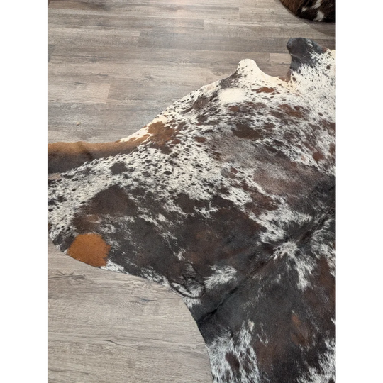 A large cowhide rug with a patchwork of white black and brown spots perfect as an extra large cowhide centerpiece