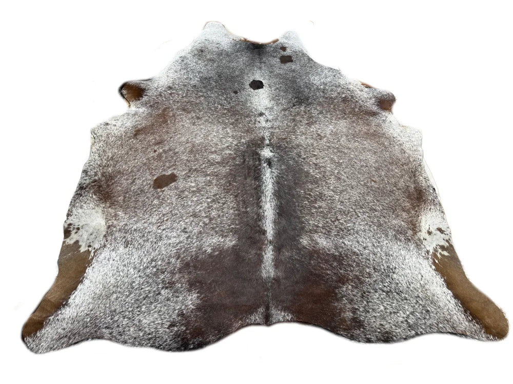 Beautiful large cowhide rug saltpepbrn#508 with brown and white natural fur texture arriving soon