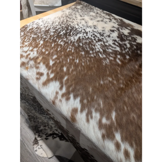 Extra large cowhide rug with brown white spots, leather texture