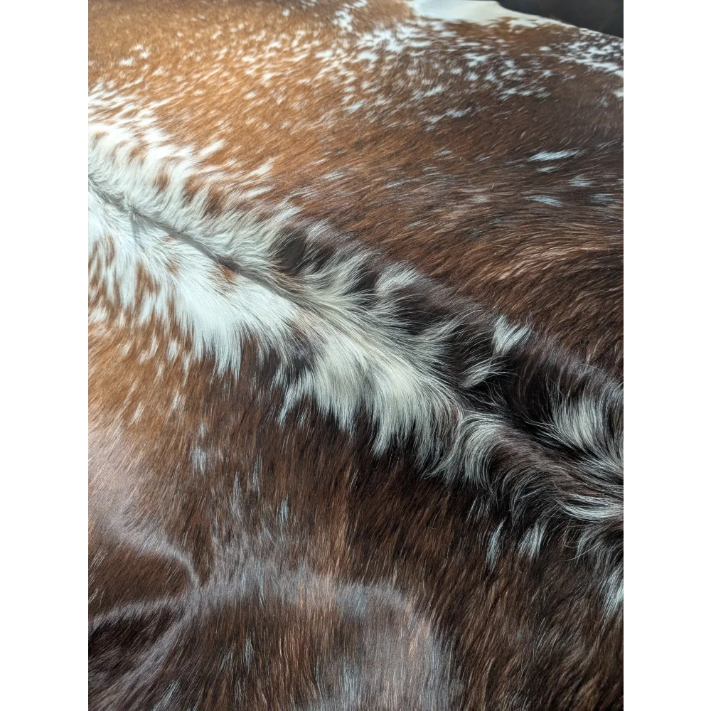 Extra large brown and white cowhide rug with textured pattern