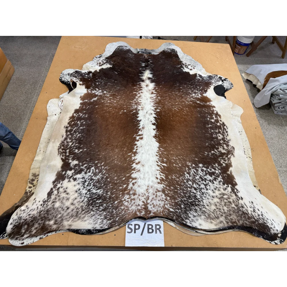 Extra large SaltPepBRN #87 cowhide rug with brown white markings