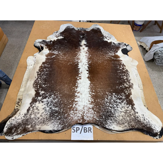 Extra large SaltPepBRN #87 cowhide rug with brown white markings