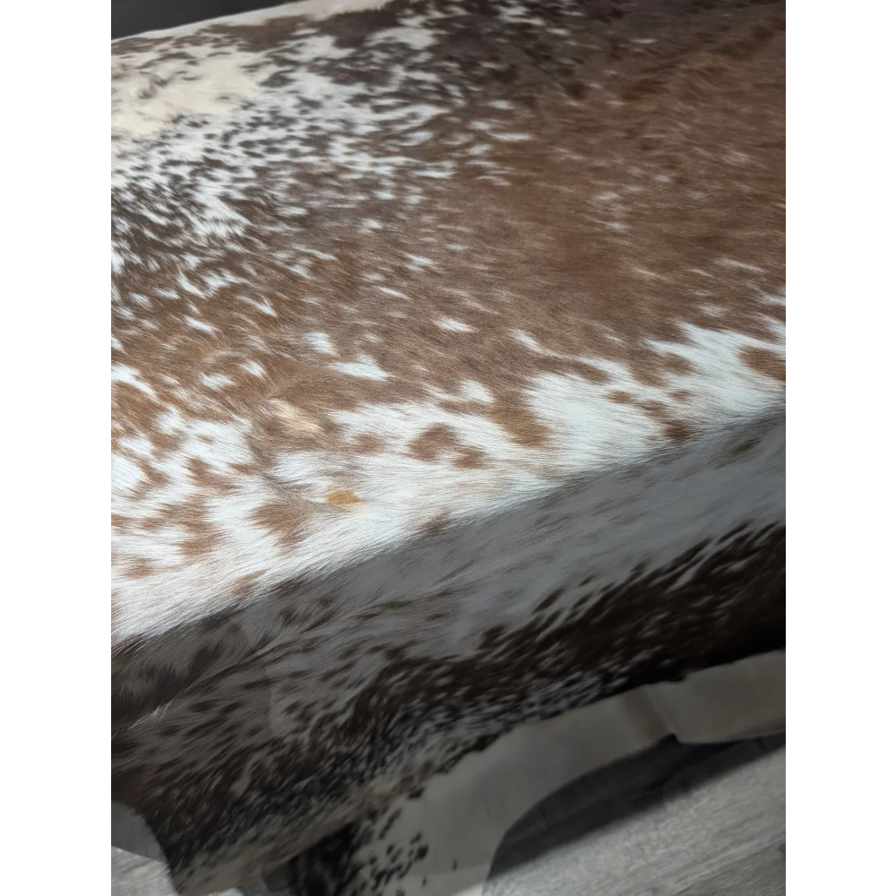 Extra large brown and white speckled cowhide rug, 99x86 inches