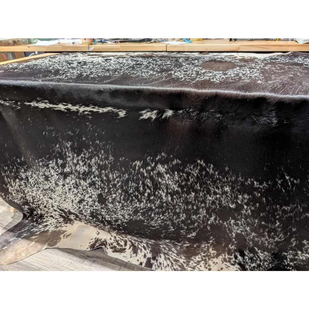 Distressed black and white extra large cowhide rug, soft underfoot, 90.5x87