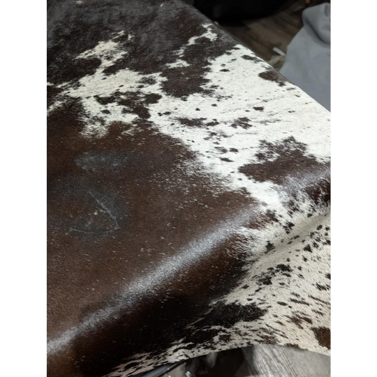 Extra large cowhide rug SaltPepTRI #263 with brown white patches, soft underfoot
