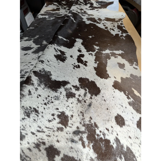Extra large SaltPepTRI #263 cowhide rug with black and white spots, soft underfoot