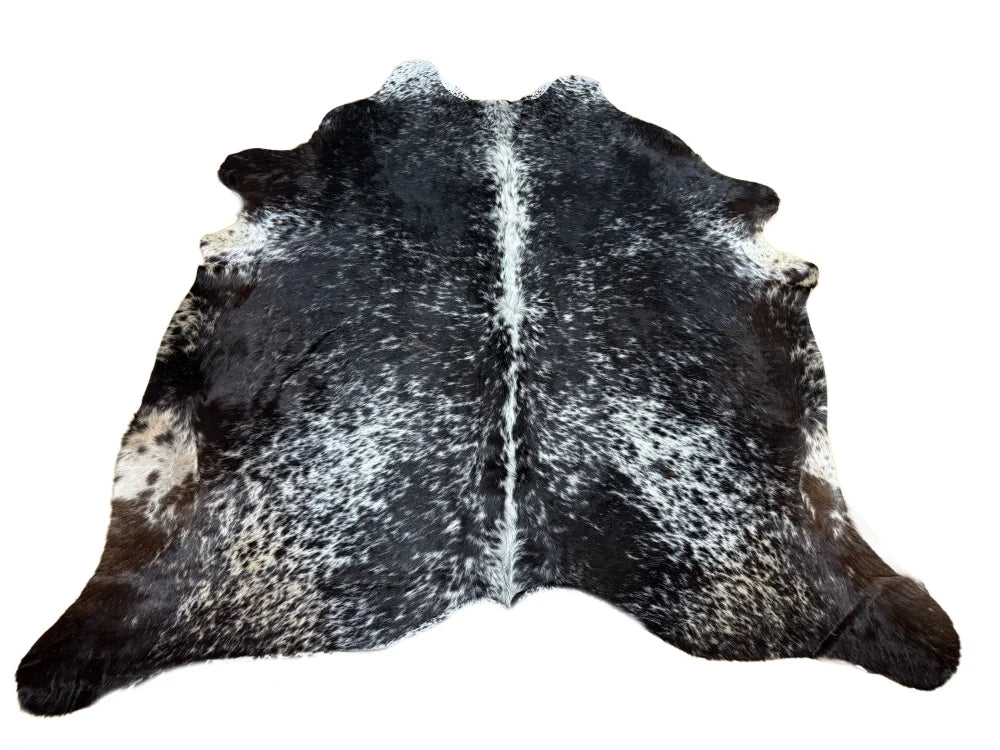 Beautiful large cowhide rug saltpeptri514 with black and white spots and natural fur texture arriving soon