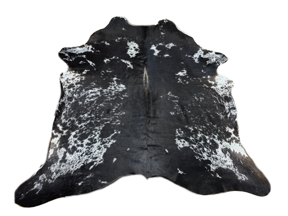 Beautiful large cowhide rug saltpeptri541 with black and white spotted natural irregular patterns arriving soon