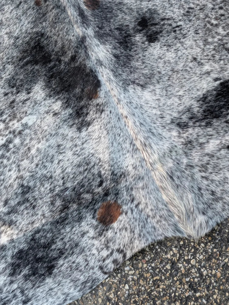 Large saltpeptricolour cowhide rug featuring gray and black spots with natural fur texture and rustic charm