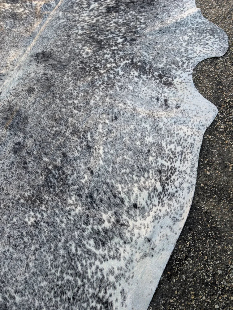 Large saltpep tricolour speckled gray and white cowhide rug with unique characteristics and rustic charm