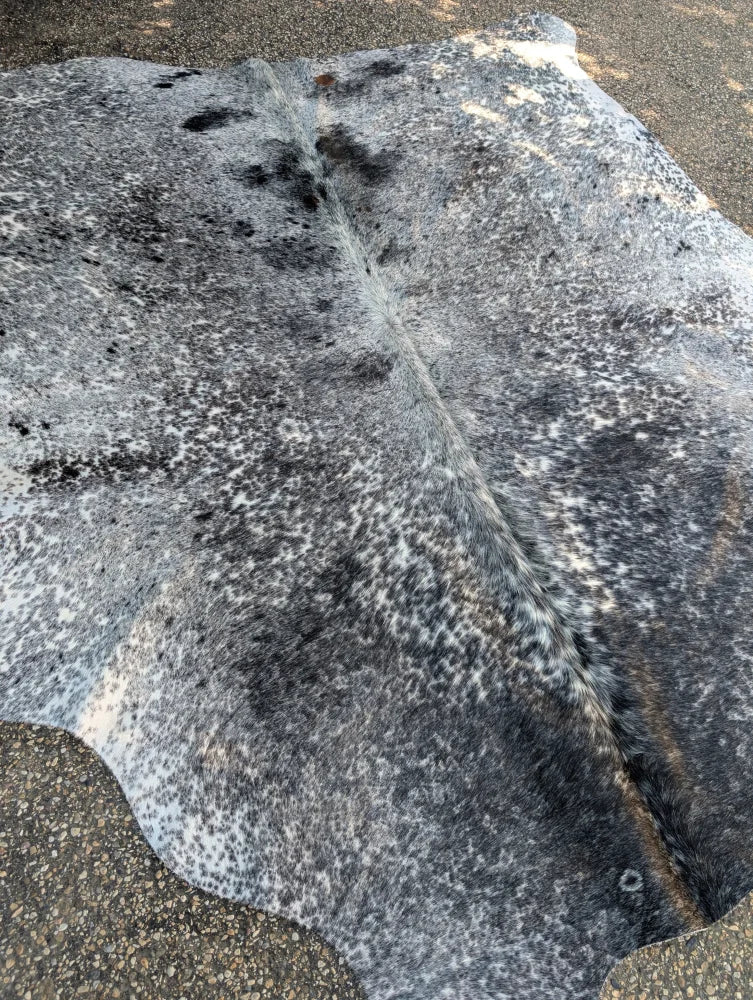 Large gray and black speckled cowhide rug with unique characteristics and natural irregular edge for rustic charm